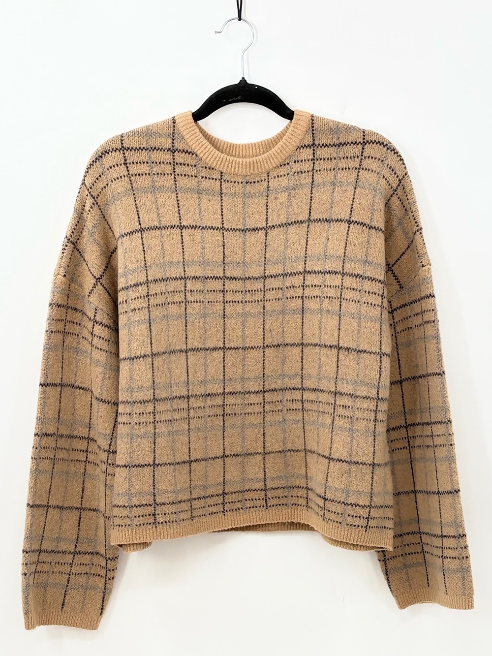 OAK + FORT Camel and Black Plaid Crewneck Sweater